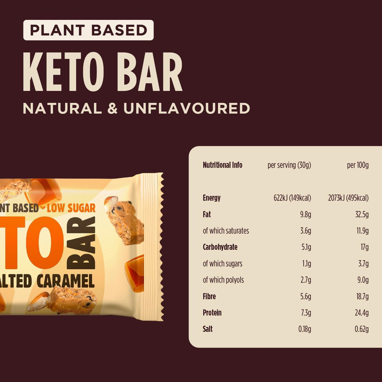 - Plant Based Keto Protein Bars - Low Carb - 50G X18-7.3G Protein, 5.6G Fibre, 5.1 Carbs - Palm Oil, Dairy and Gluten Free Snack Bar - Almond Salted Caramel