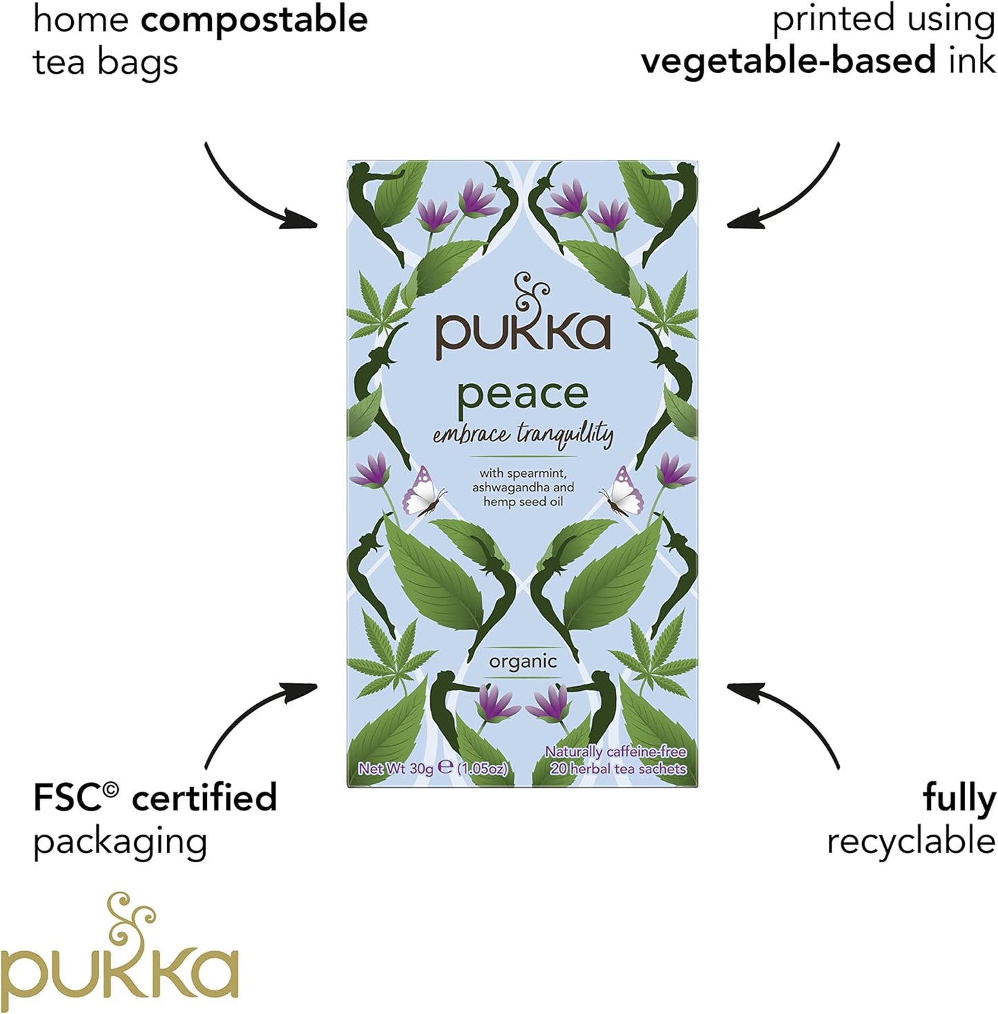 | Peace Organic Herbal Tea Box | Tea Infusion with Chamomile, Spearmint and Ashwagandha | Perfect for Calming & Sleep | Caffeine Free | 4 Packs | 80 Plant Based Biodegradable Tea Bags