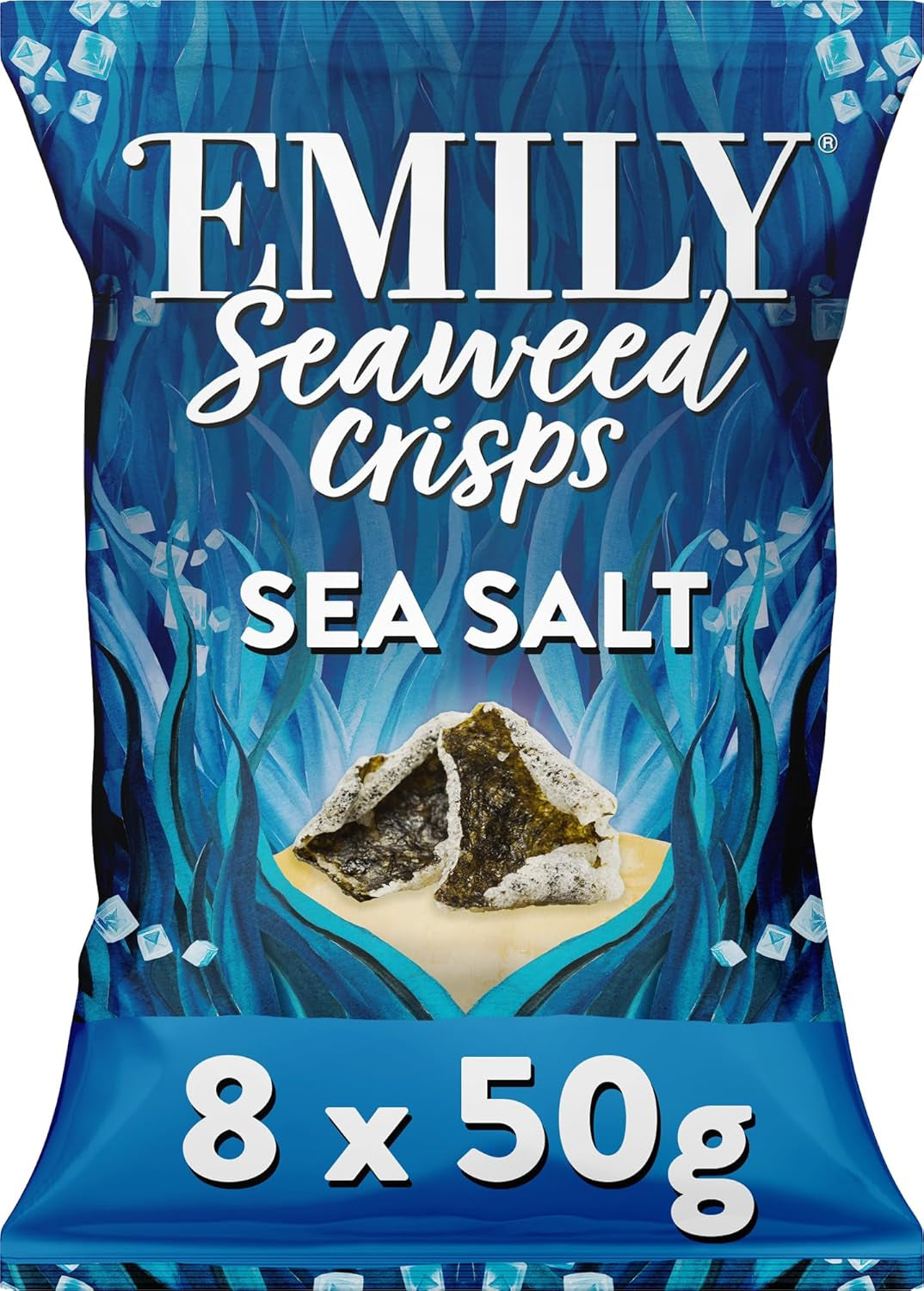 EMILY Seaweed Crisps Sea Salted Flavour | Healthy Nori Snack | Source of Iodine, High Fibre | Gluten-Free, Vegan Friendly | Perfect for Snacking & Parties | 8 X 50G Packs