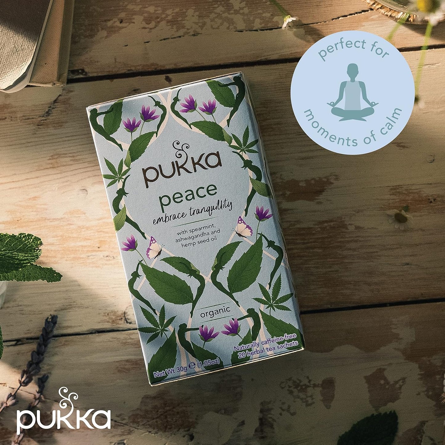 | Peace Organic Herbal Tea Box | Tea Infusion with Chamomile, Spearmint and Ashwagandha | Perfect for Calming & Sleep | Caffeine Free | 4 Packs | 80 Plant Based Biodegradable Tea Bags