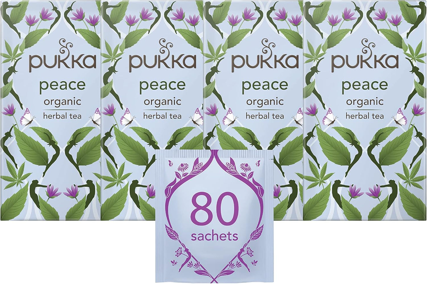| Peace Organic Herbal Tea Box | Tea Infusion with Chamomile, Spearmint and Ashwagandha | Perfect for Calming & Sleep | Caffeine Free | 4 Packs | 80 Plant Based Biodegradable Tea Bags