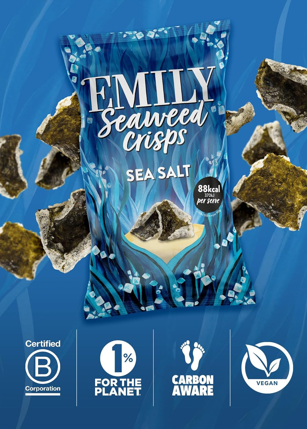 EMILY Seaweed Crisps Sea Salted Flavour | Healthy Nori Snack | Source of Iodine, High Fibre | Gluten-Free, Vegan Friendly | Perfect for Snacking & Parties | 8 X 50G Packs