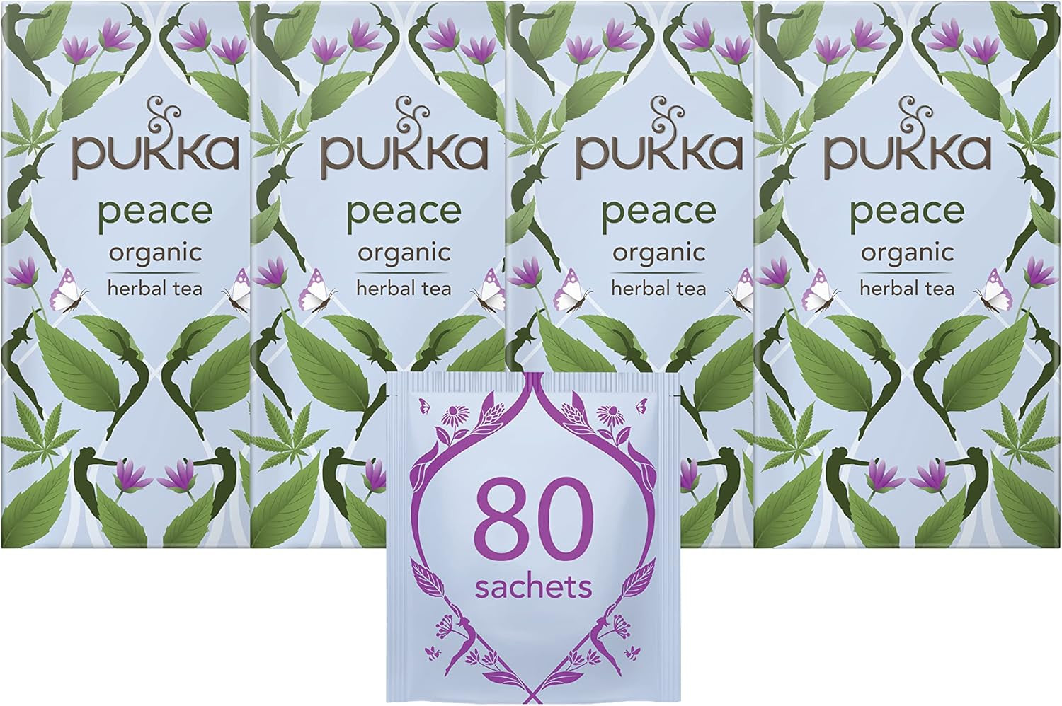| Peace Organic Herbal Tea Box | Tea Infusion with Chamomile, Spearmint and Ashwagandha | Perfect for Calming & Sleep | Caffeine Free | 4 Packs | 80 Plant Based Biodegradable Tea Bags