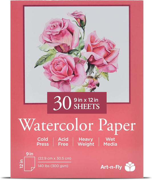 Watercolour Paper Pad 9X12 30 Sheets - Cold Press Water Colour Sketchbook Pad 140 Lb for Art Painting, Drawing, Wet & Mixed Media - Water Colouring Paint Paper for Artist & Kids